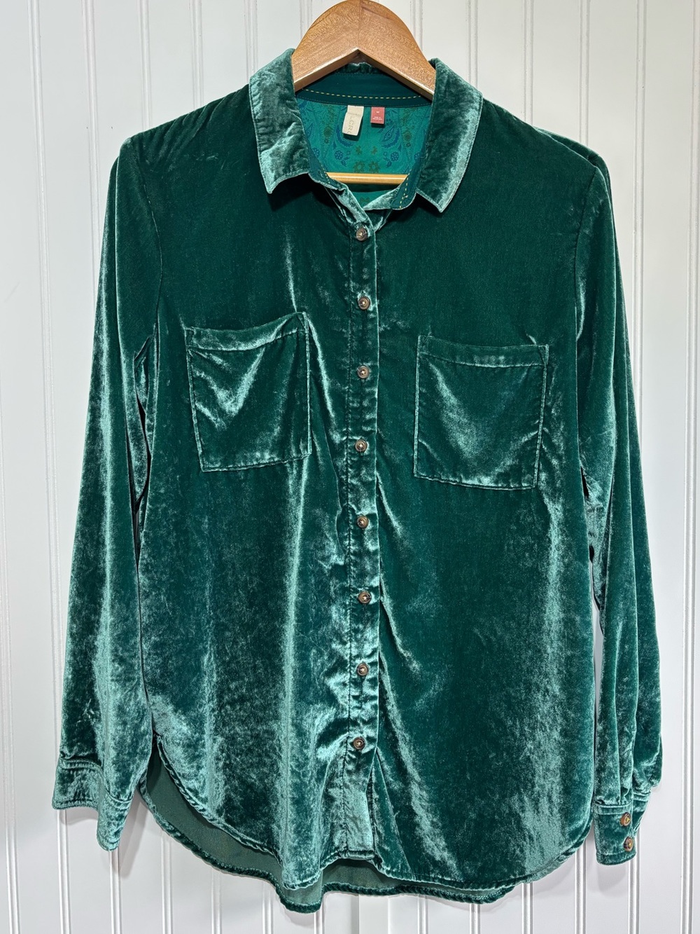 Pilcro Anthropologie Hadley Emerald Green Velvet Button Down Shirt M
